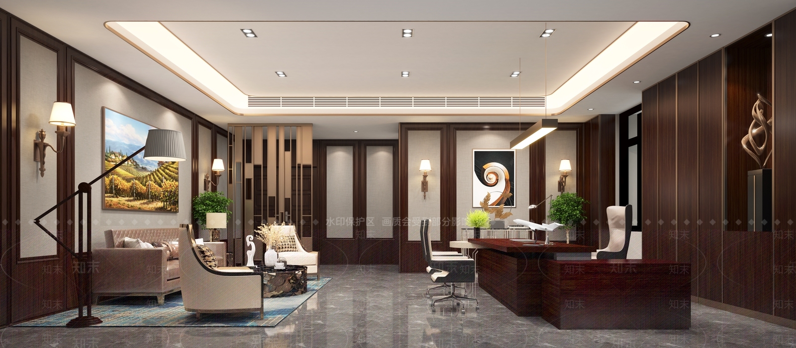 中式董事长办公室班台沙发组合壁灯背柜3D模型下载【ID:1142540782】