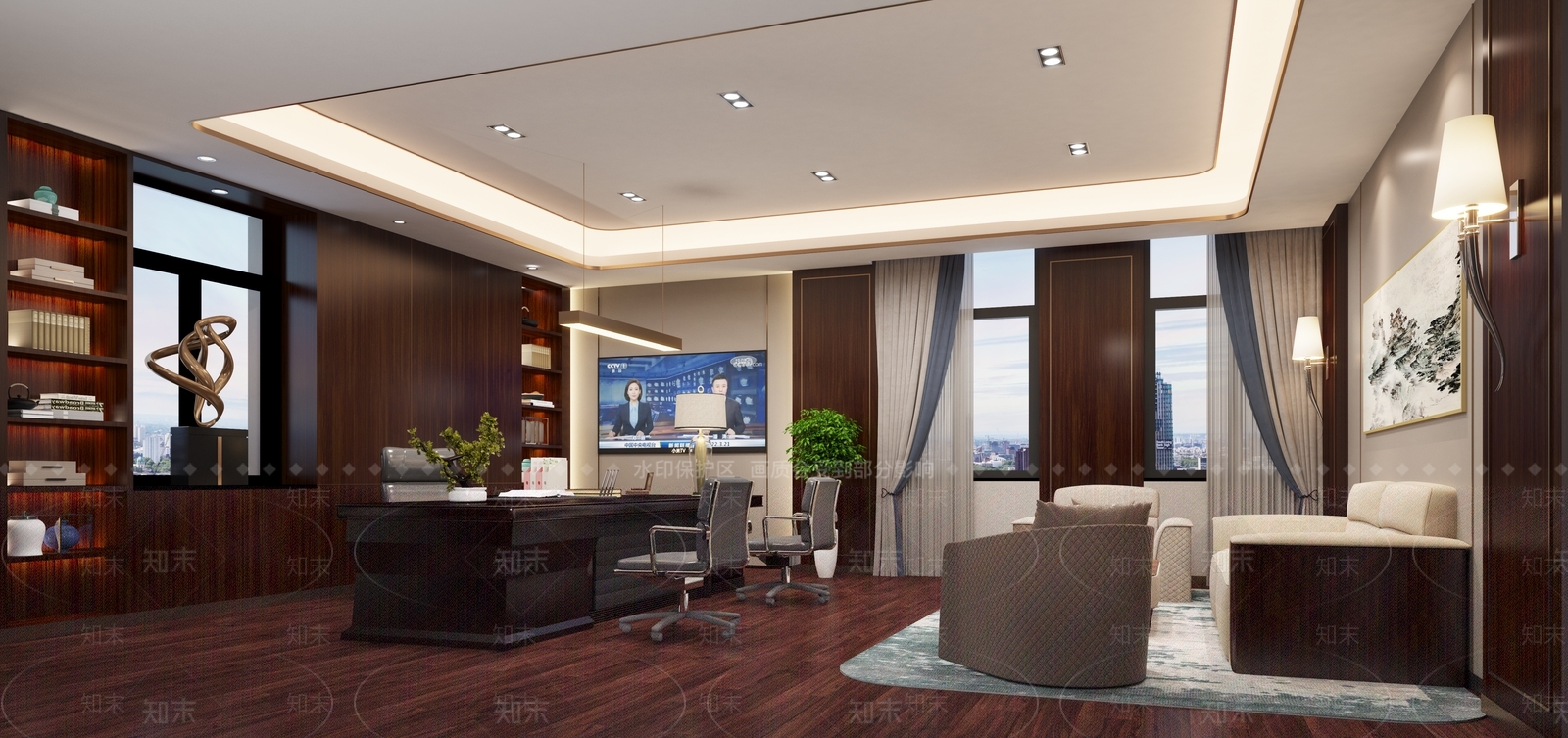 中式董事长办公室壁灯班台背柜沙发组合电视窗帘3D模型下载【ID:1142540864】