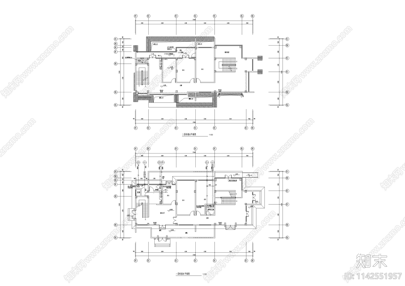 中式仿古建筑给排水cad施工图下载【ID:1142551957】