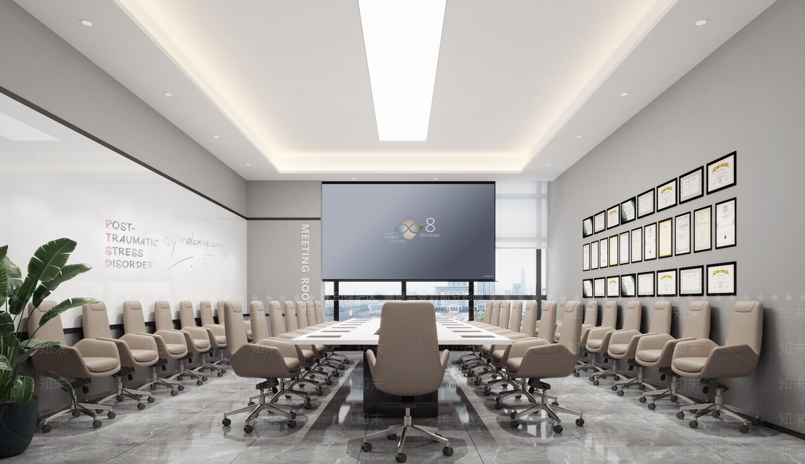 现代大会议室会议桌椅投影幕布烤漆玻璃3D模型下载【ID:1142553793】