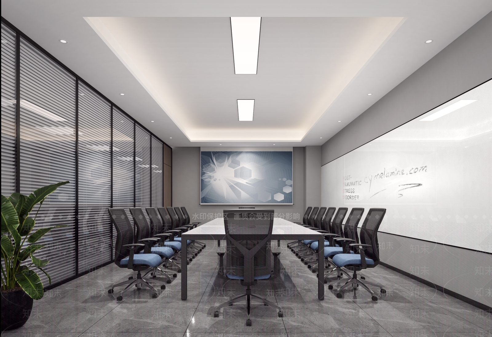 现代会议室会议桌椅投影幕布烤漆玻璃高隔双层玻璃夹百叶绿植3D模型下载【ID:1142555795】