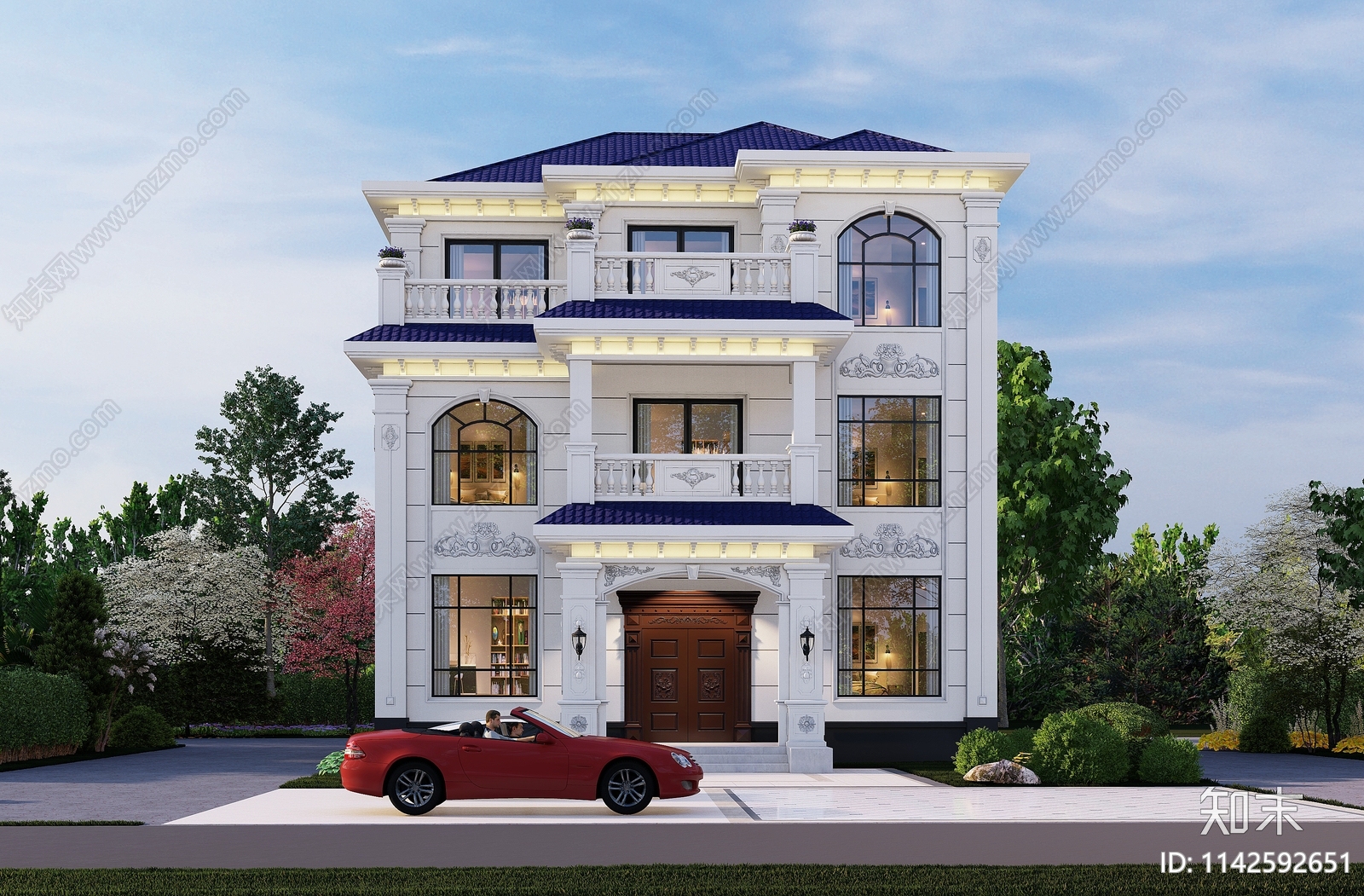 欧式三层独栋别墅建筑施工图下载【ID:1142592651】