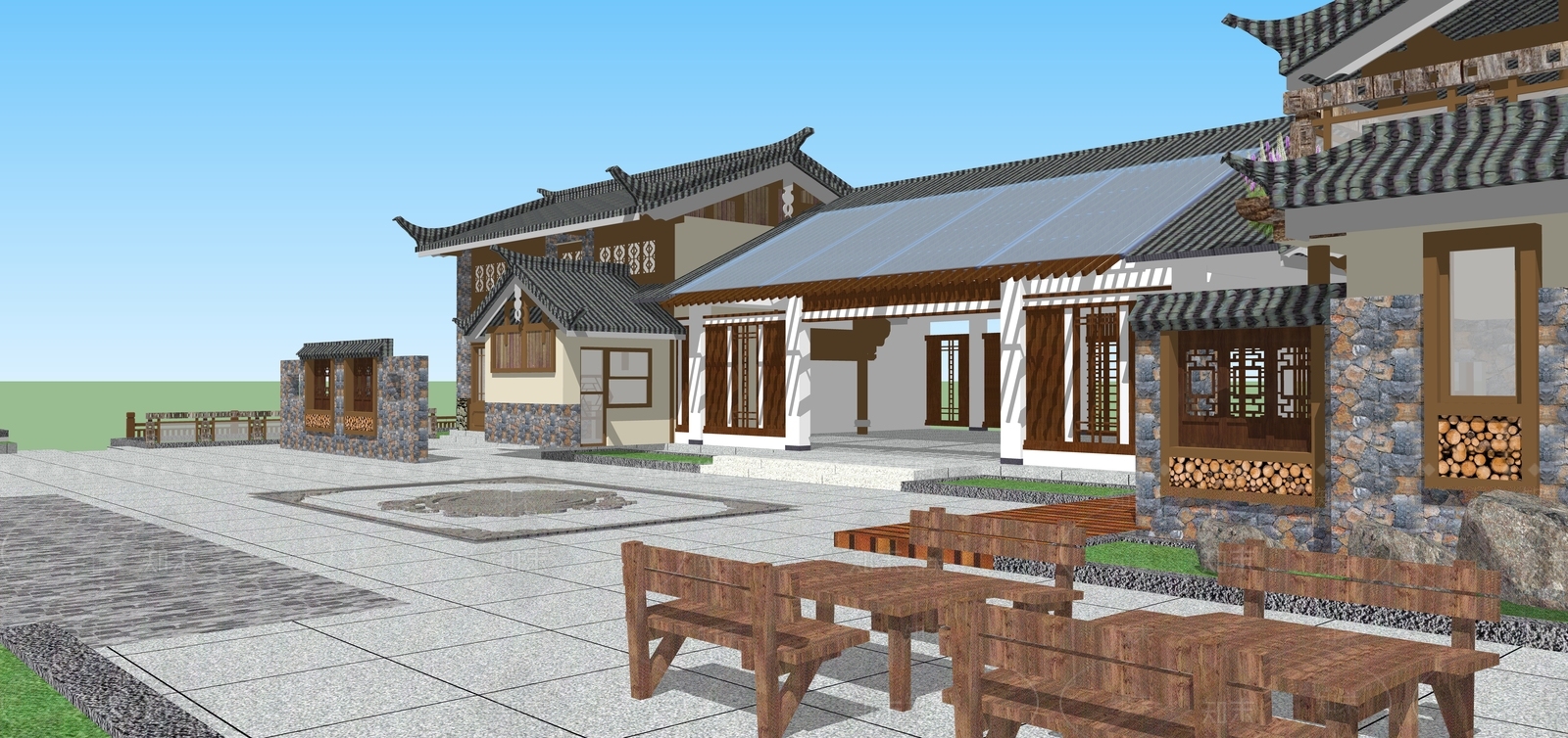 新中式特色驿站SU模型下载【ID:1142599417】