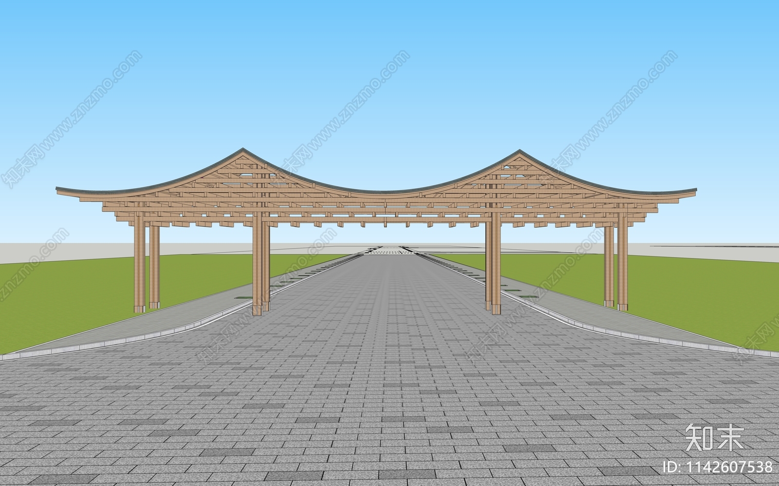 新中式公园景区入口大门SU模型下载【ID:1142607538】