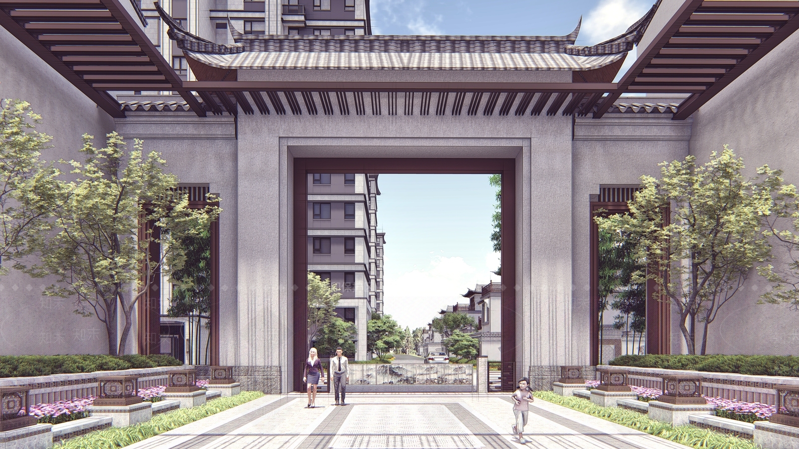 中式小区入口大门SU模型下载【ID:1142608874】