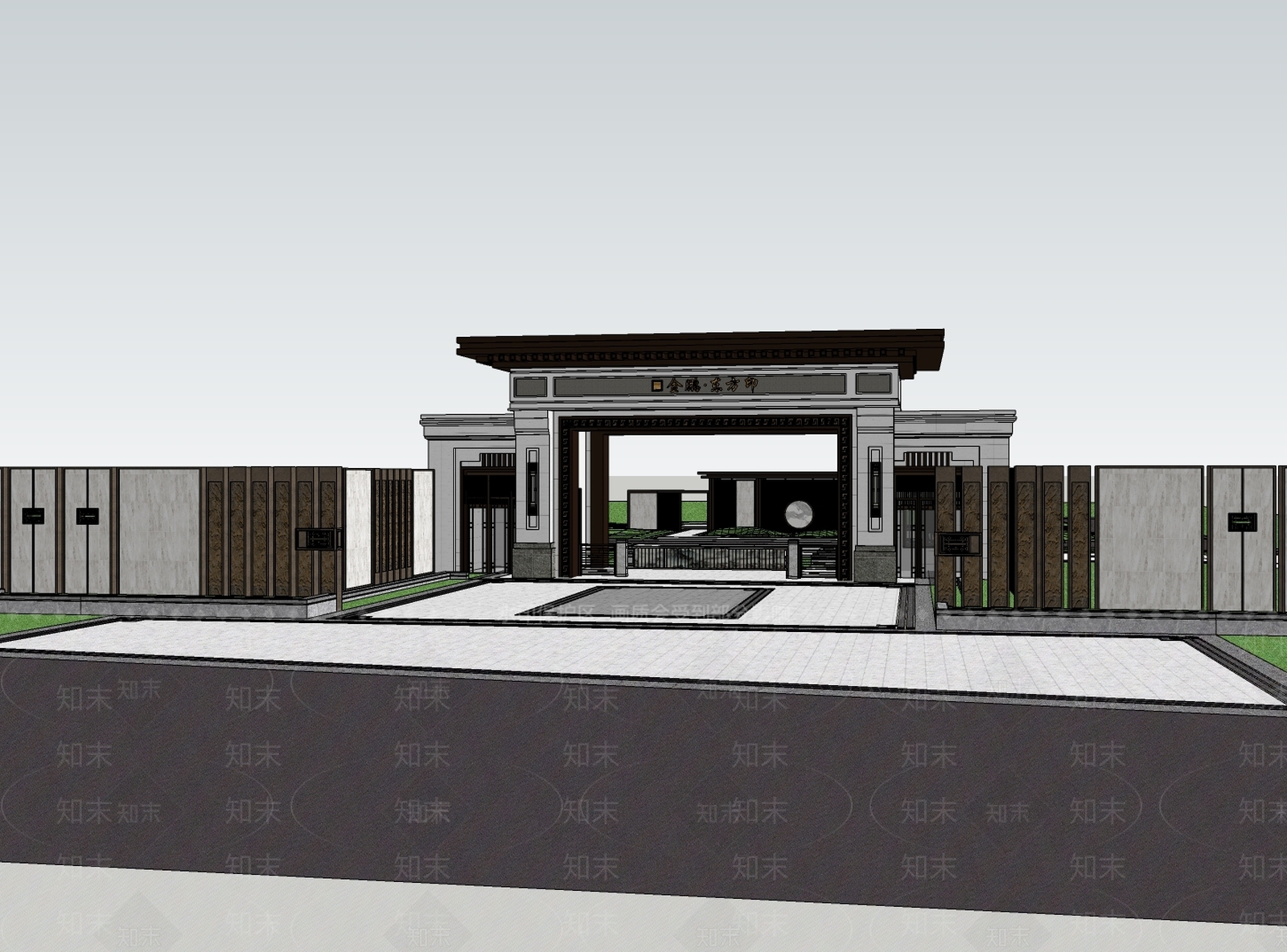 新中式小区入口大门SU模型下载【ID:1142609199】