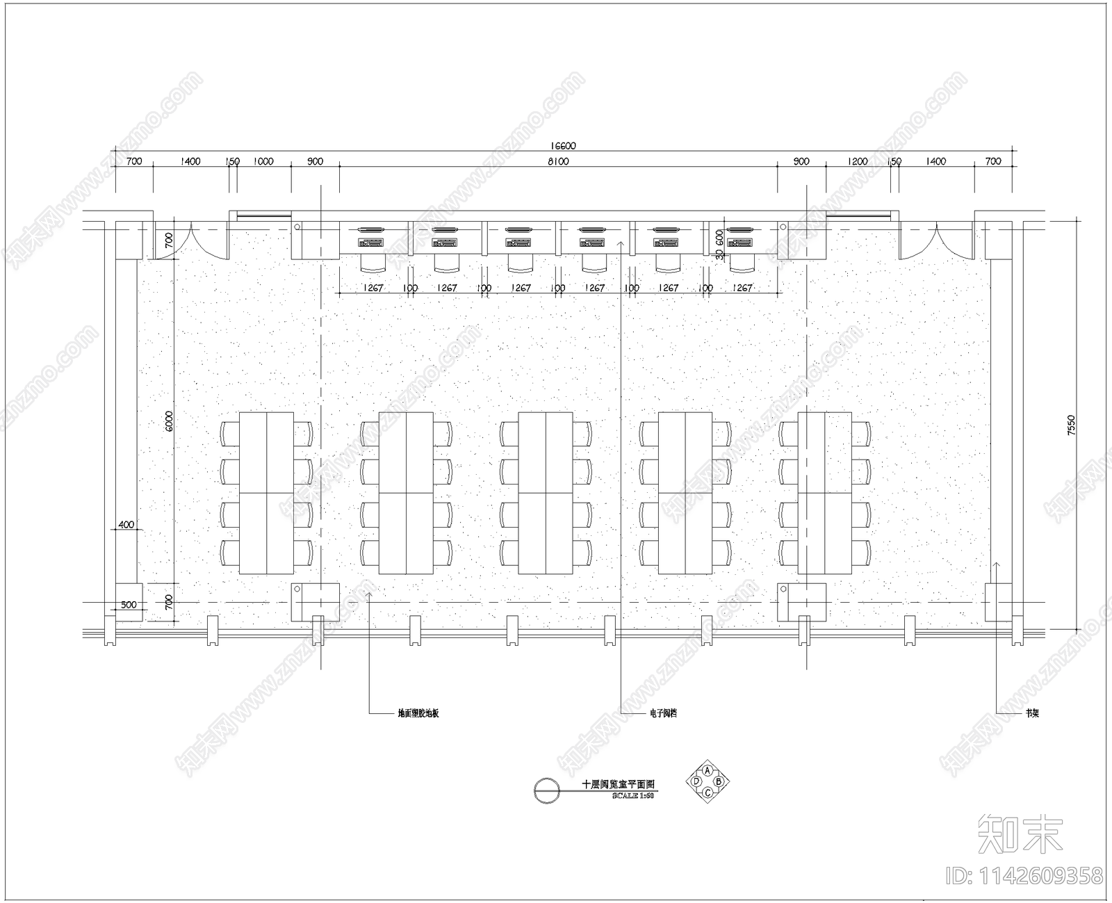 120平米阅览室装修详图cad施工图下载【ID:1142609358】