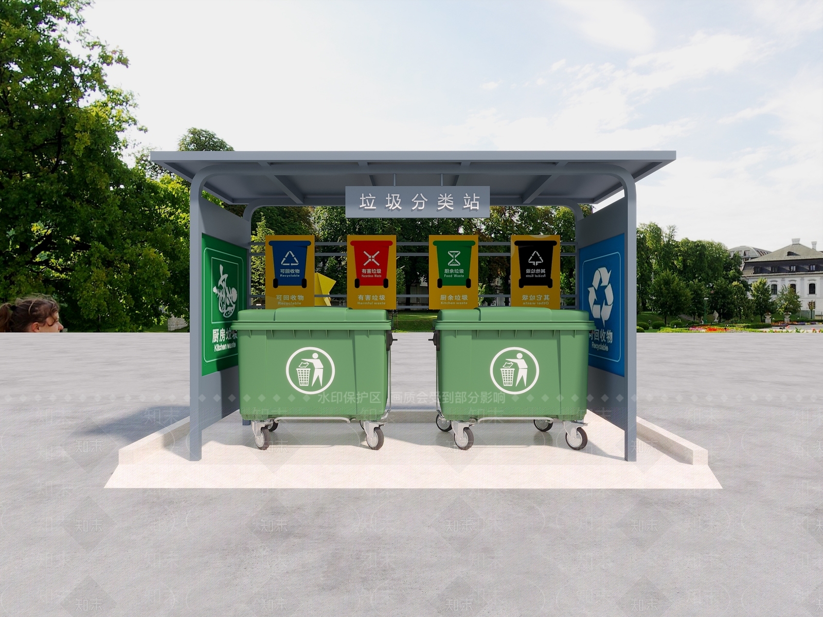 垃圾分类回收区垃圾分类岗亭垃圾箱垃圾车3D模型下载【ID:1142622322】
