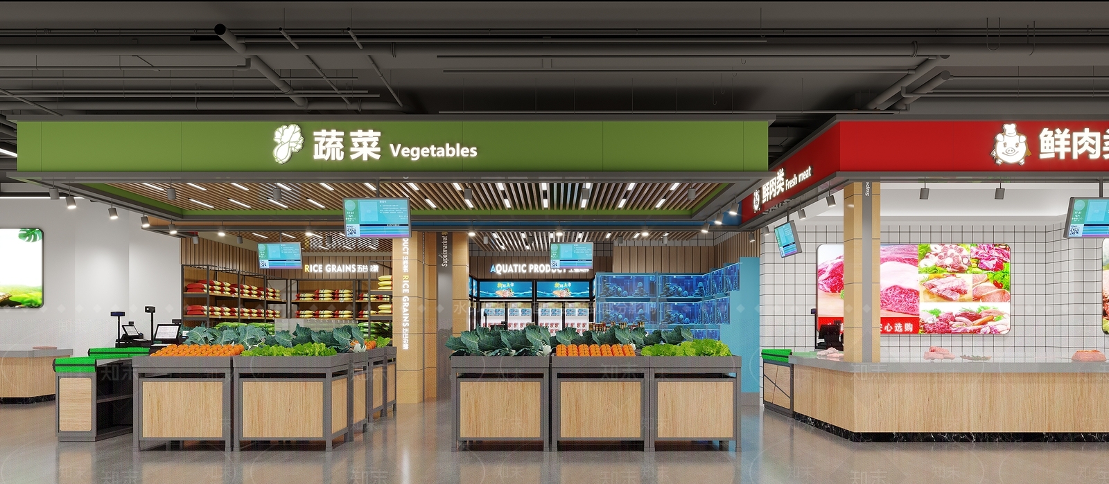 生鲜超市肉铺海鲜店超市门头3D模型下载【ID:1142625817】