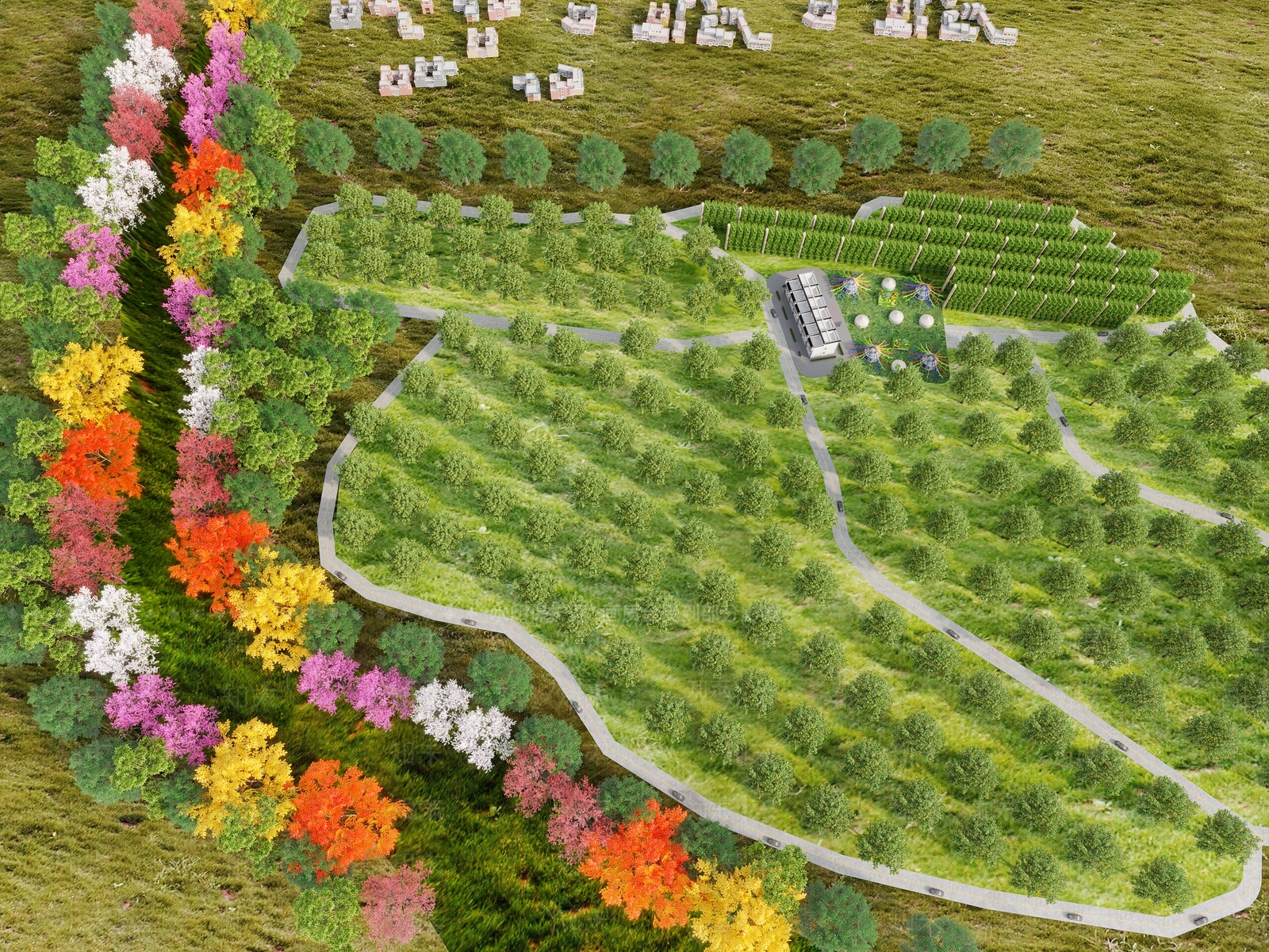 园林鸟瞰图果园鸟瞰规划布置图3D模型下载【ID:1142626247】