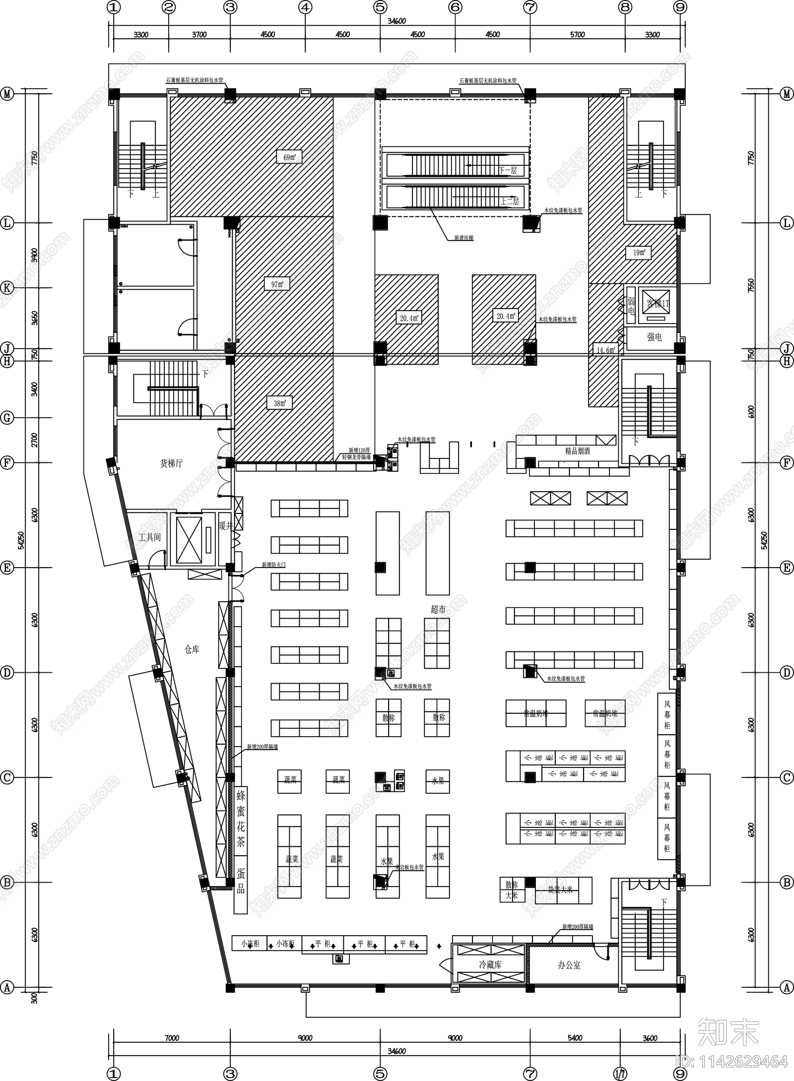 室内菜市场平面图施工图下载【ID:1142629464】