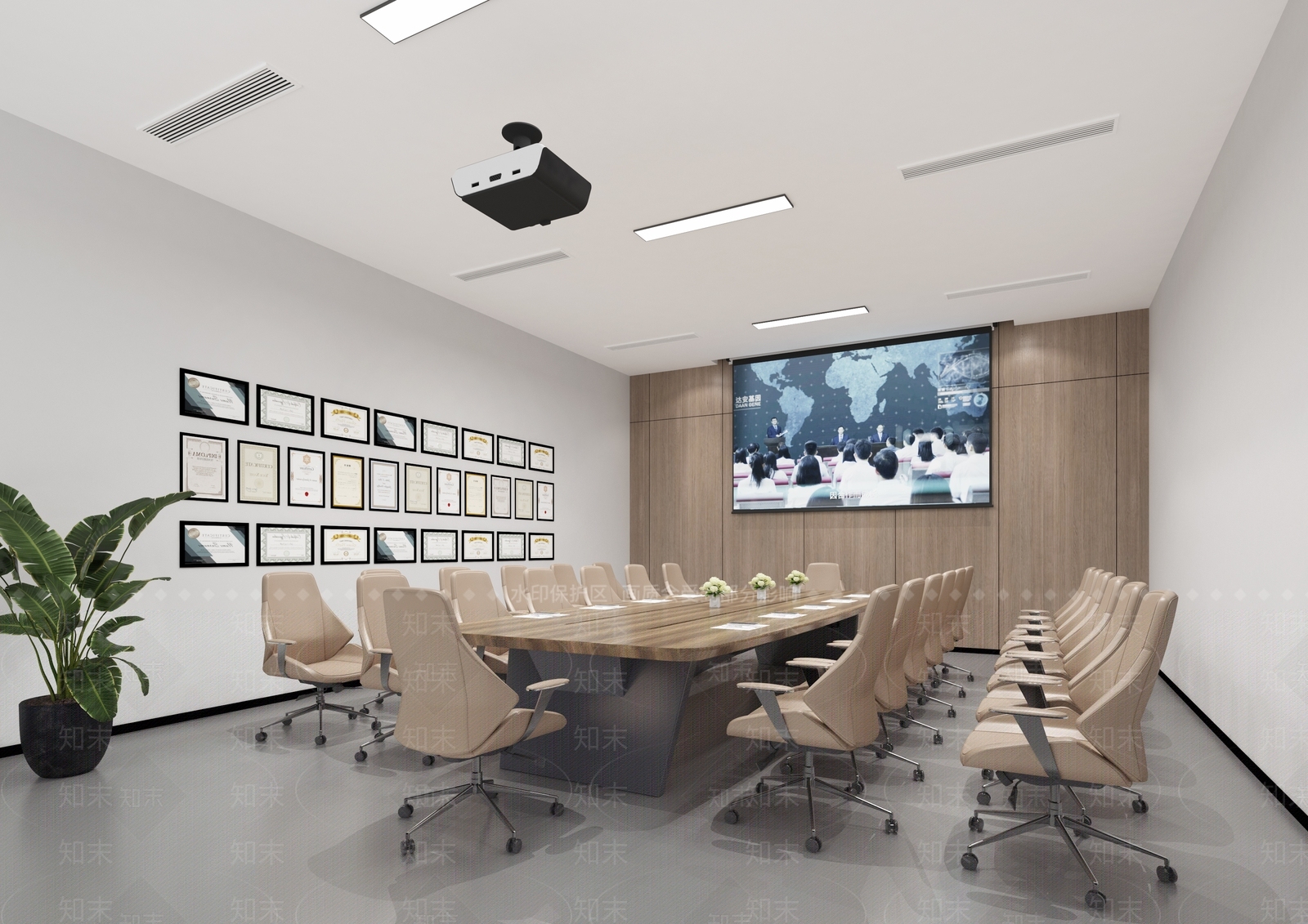 现代会议室投影幕布会议桌椅荣誉资质3D模型下载【ID:1142632978】_知末3d模型网