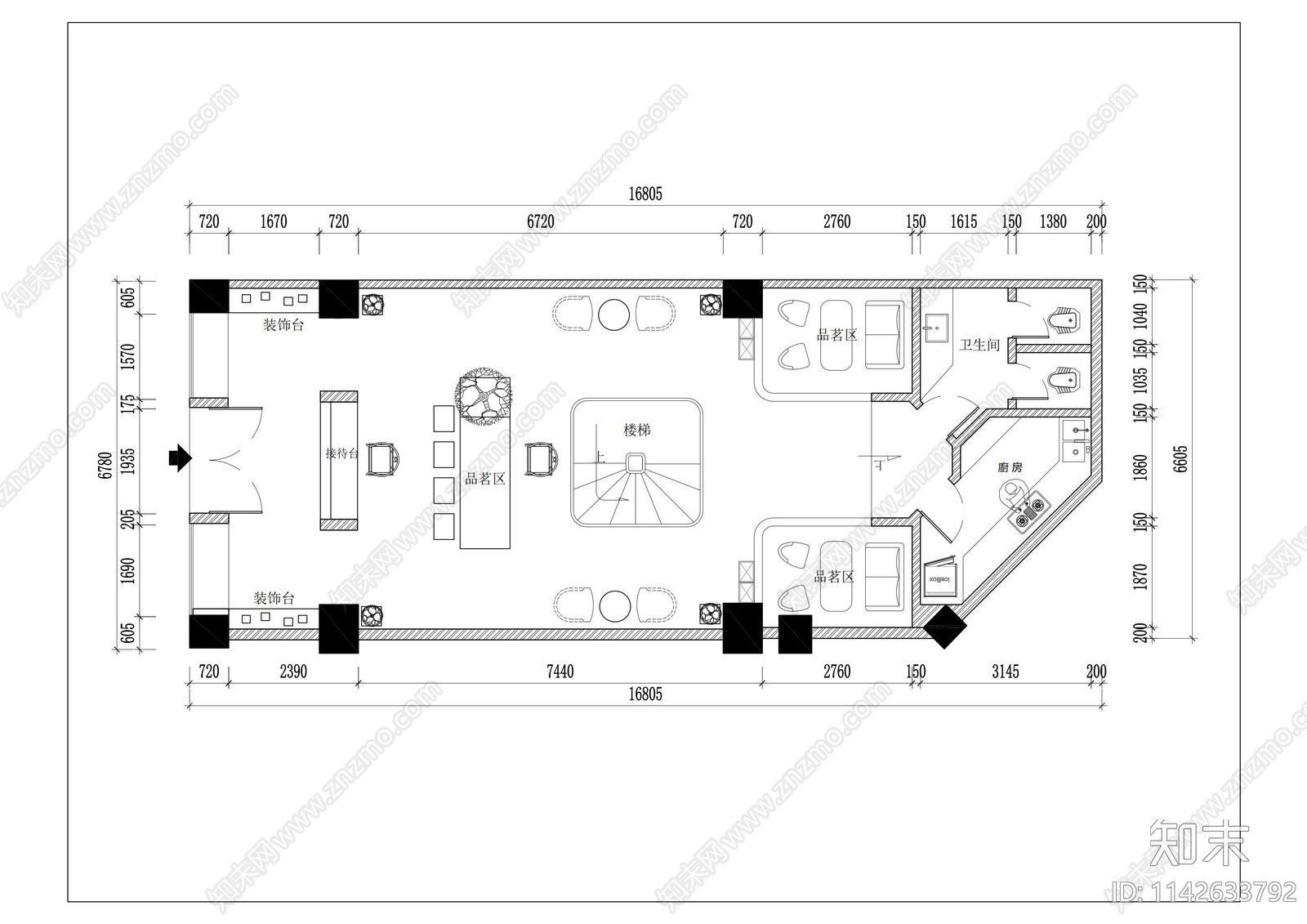 现代风格茶空间平面图施工图下载【ID:1142633792】