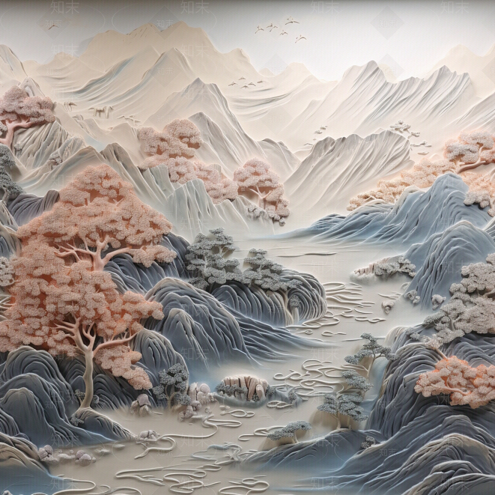中式山水浮雕画贴图下载【ID:1142635753】_【知末网贴图库】