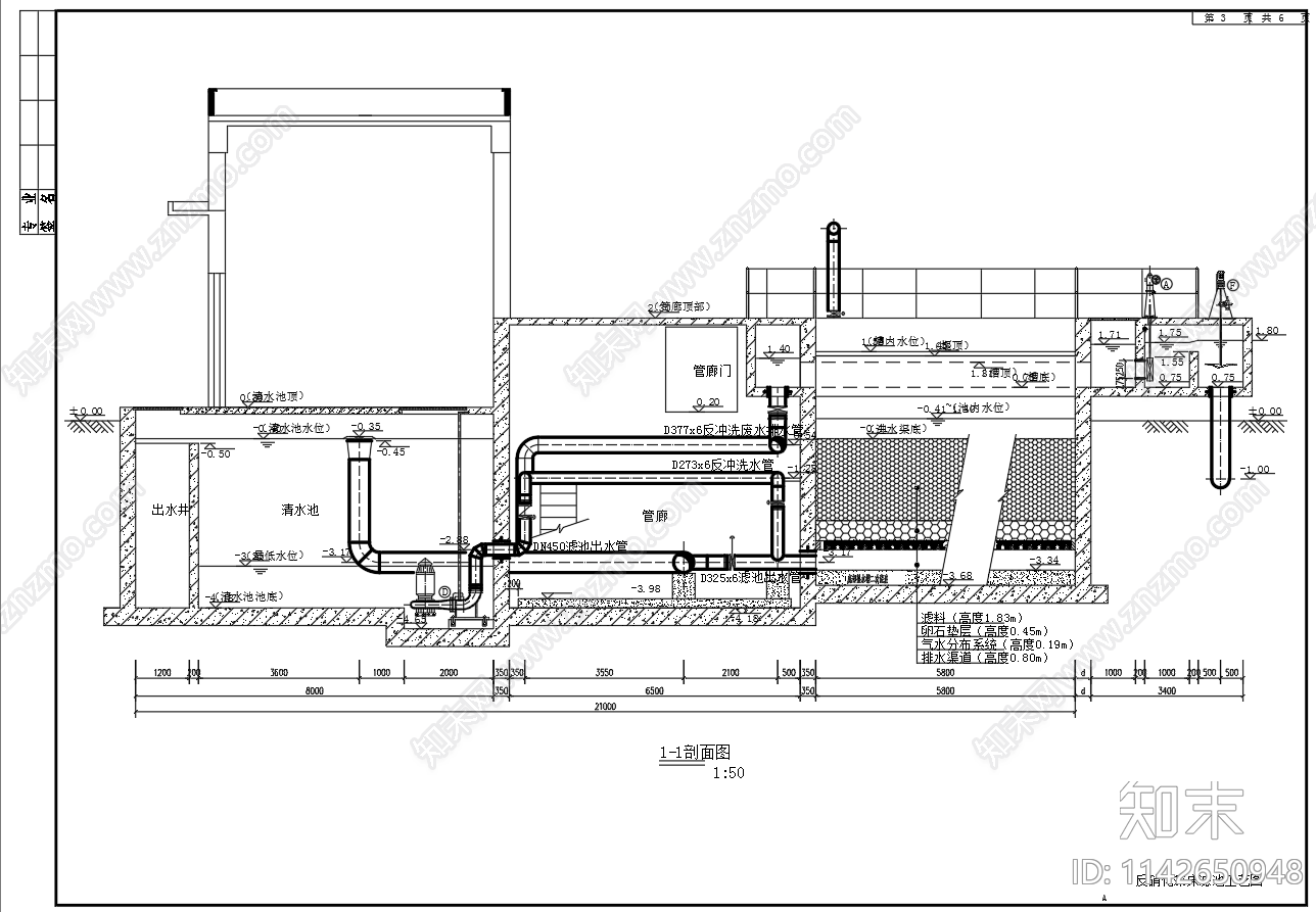 5000立方反硝化深床滤池平面剖面图cad施工图下载【ID:1142650948】