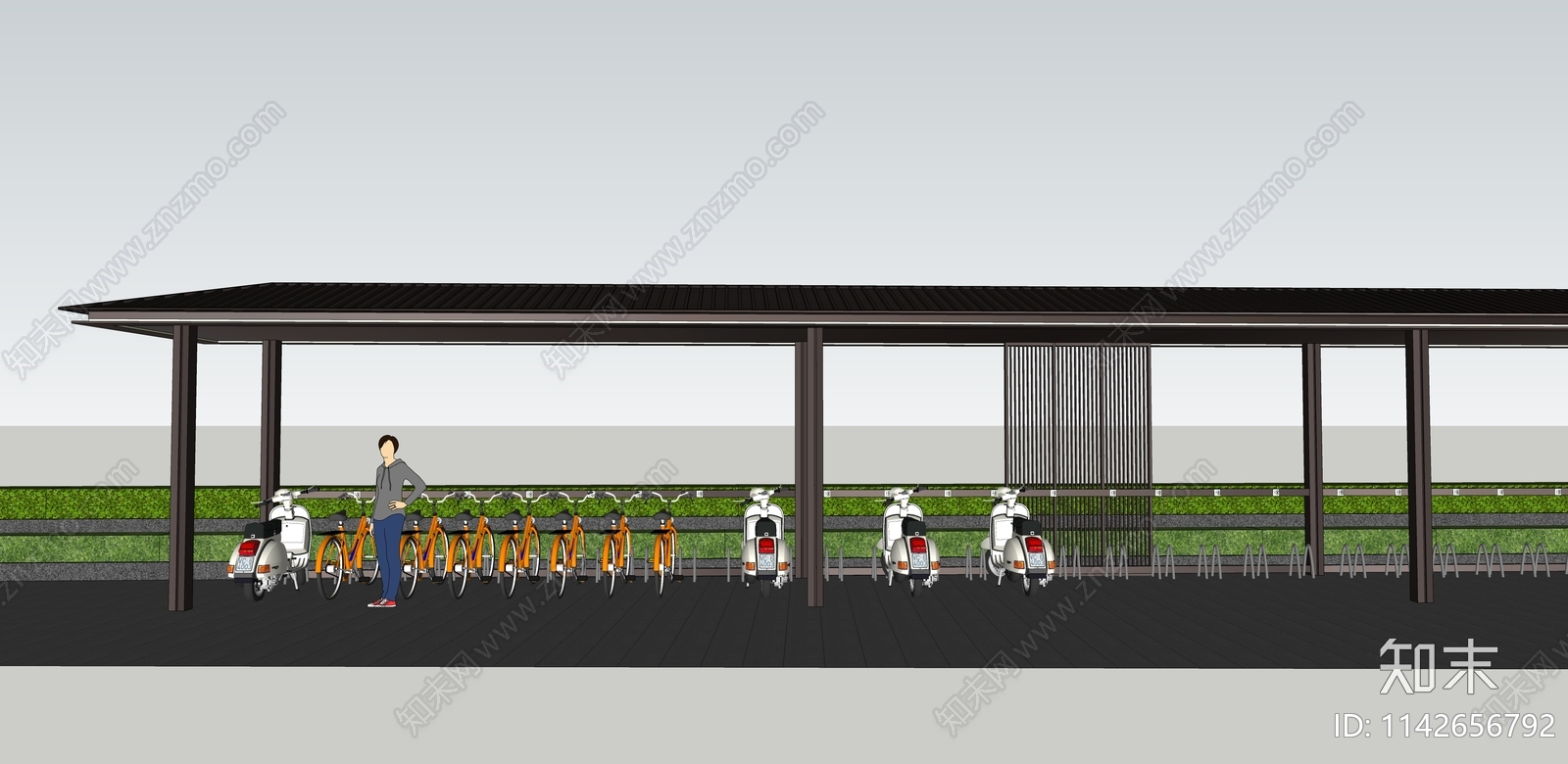新中式非机动车停车棚SU模型下载【ID:1142656792】