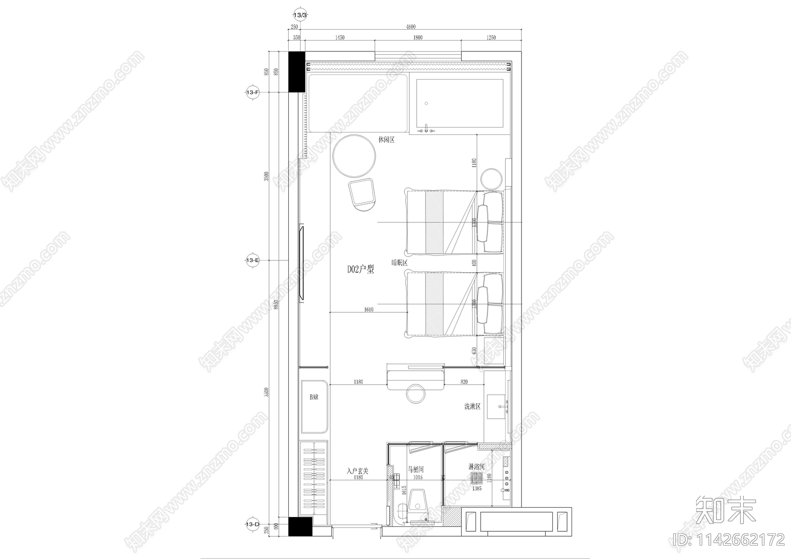 度假酒店双人房客房施工图下载【ID:1142662172】
