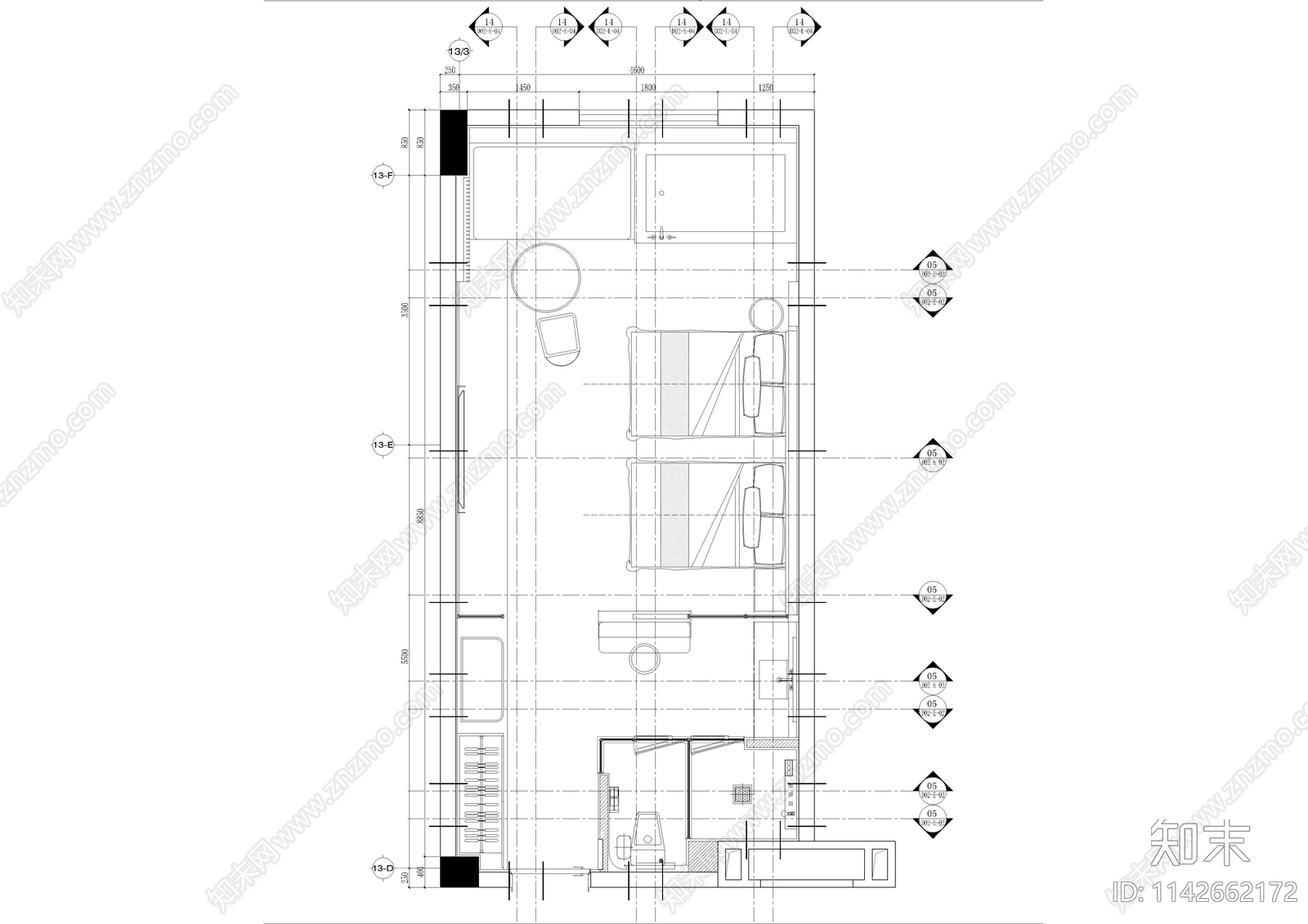 度假酒店双人房客房cad施工图下载【ID:1142662172】