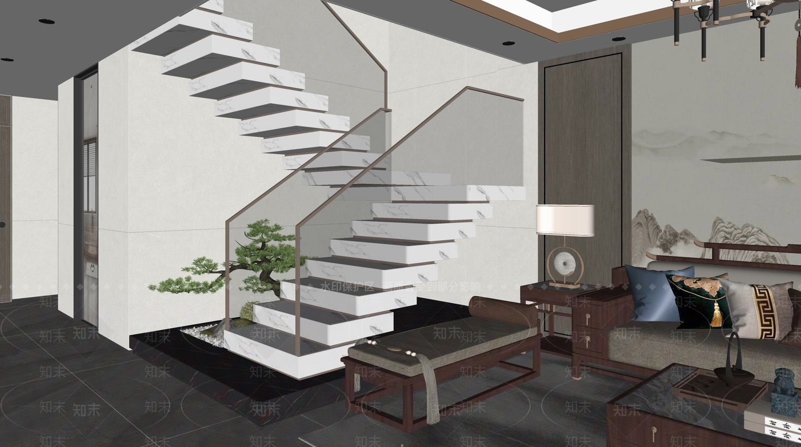 新中式楼梯间SU模型下载【ID:1142663542】