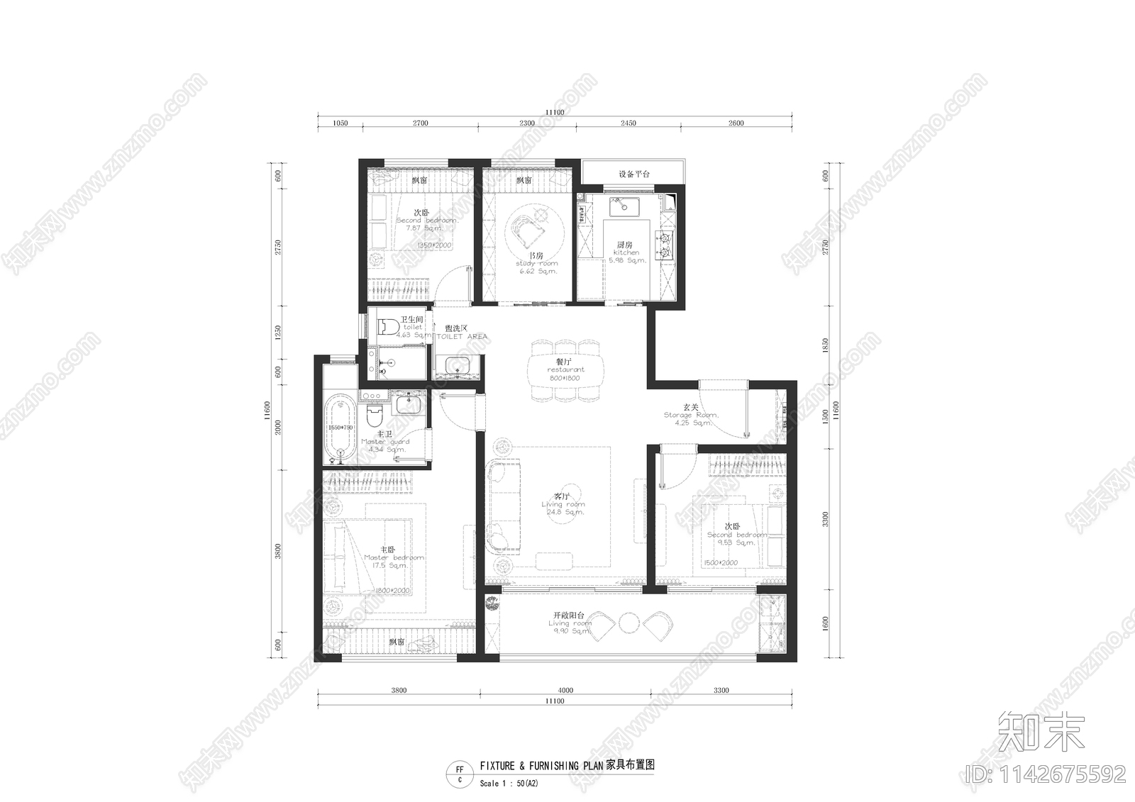 公寓样板间室内装修cad施工图下载【ID:1142675592】