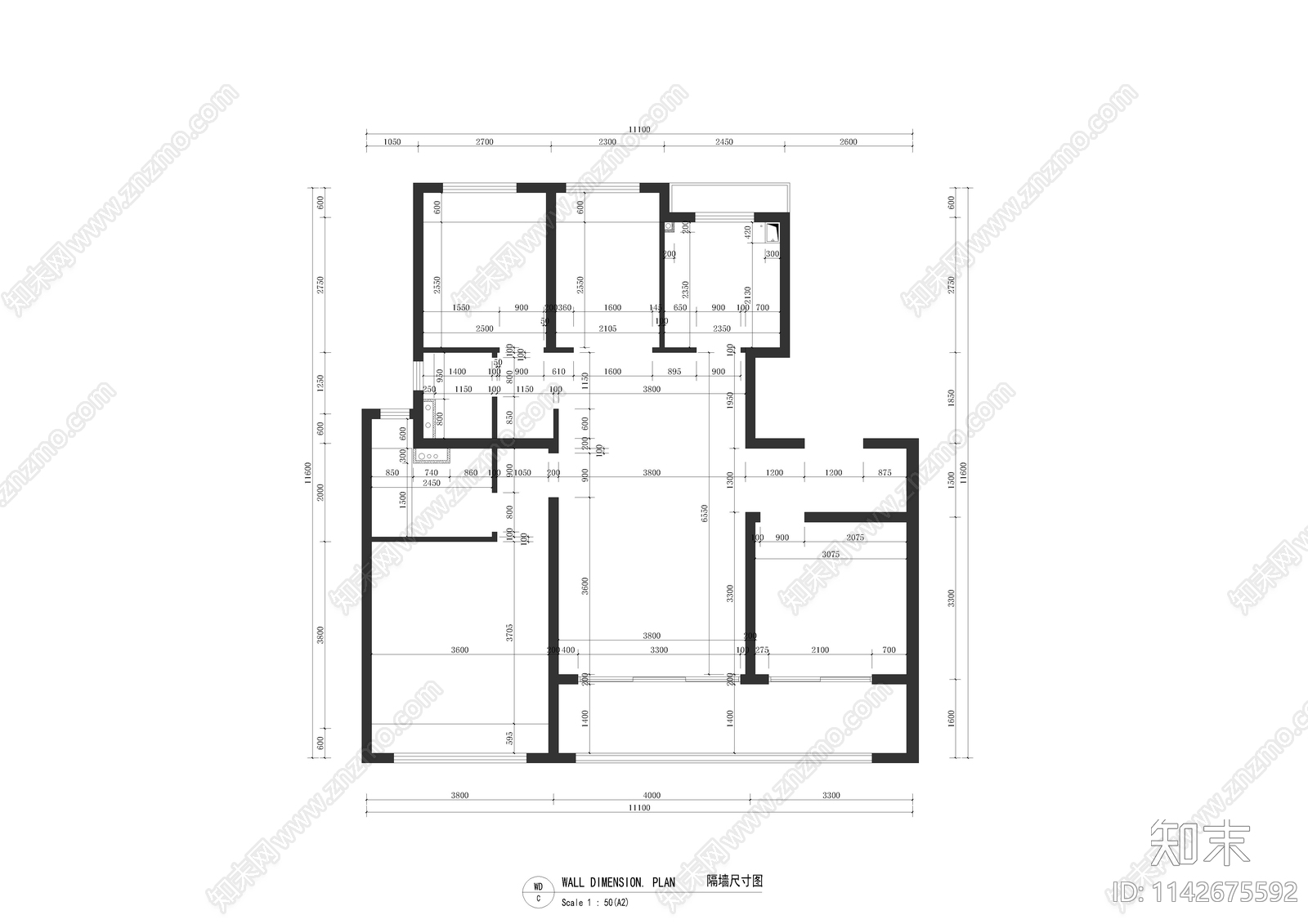 公寓样板间室内装修cad施工图下载【ID:1142675592】