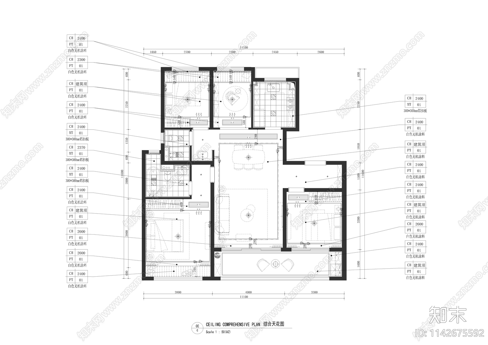 公寓样板间室内装修cad施工图下载【ID:1142675592】