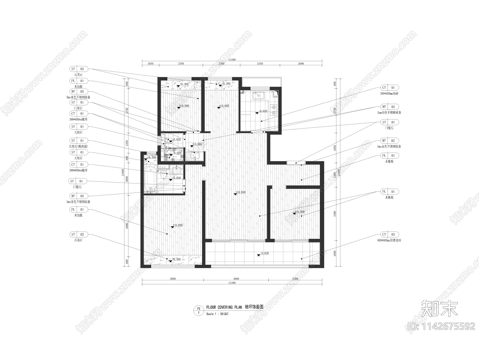 公寓样板间室内装修cad施工图下载【ID:1142675592】