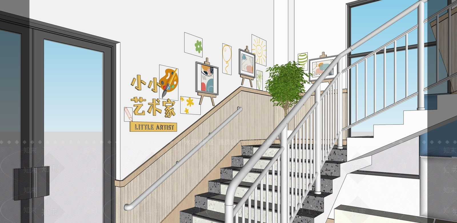现代幼儿园楼梯装饰文化墙SU模型下载【ID:1142677185】