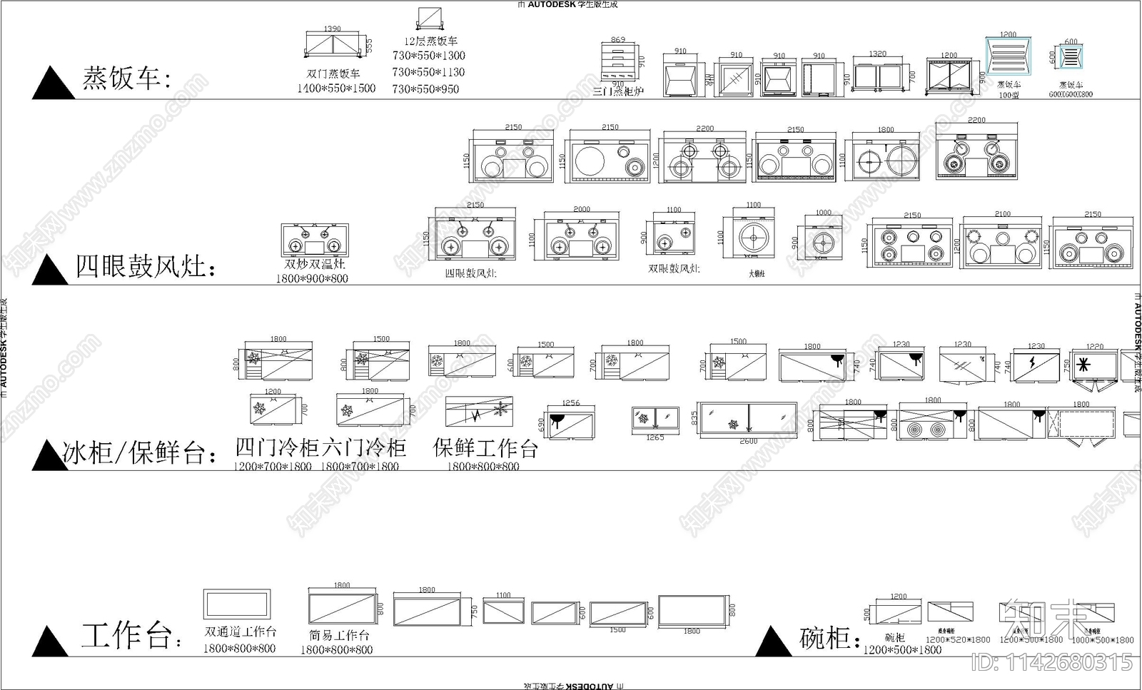 餐饮酒店行业厨房设备CAD图库施工图下载【ID:1142680315】