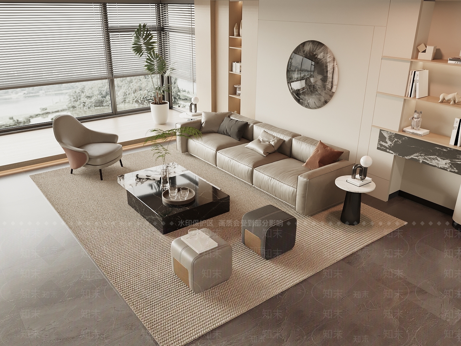 现代皮质沙发茶几组合3D模型下载【ID:1142683058】