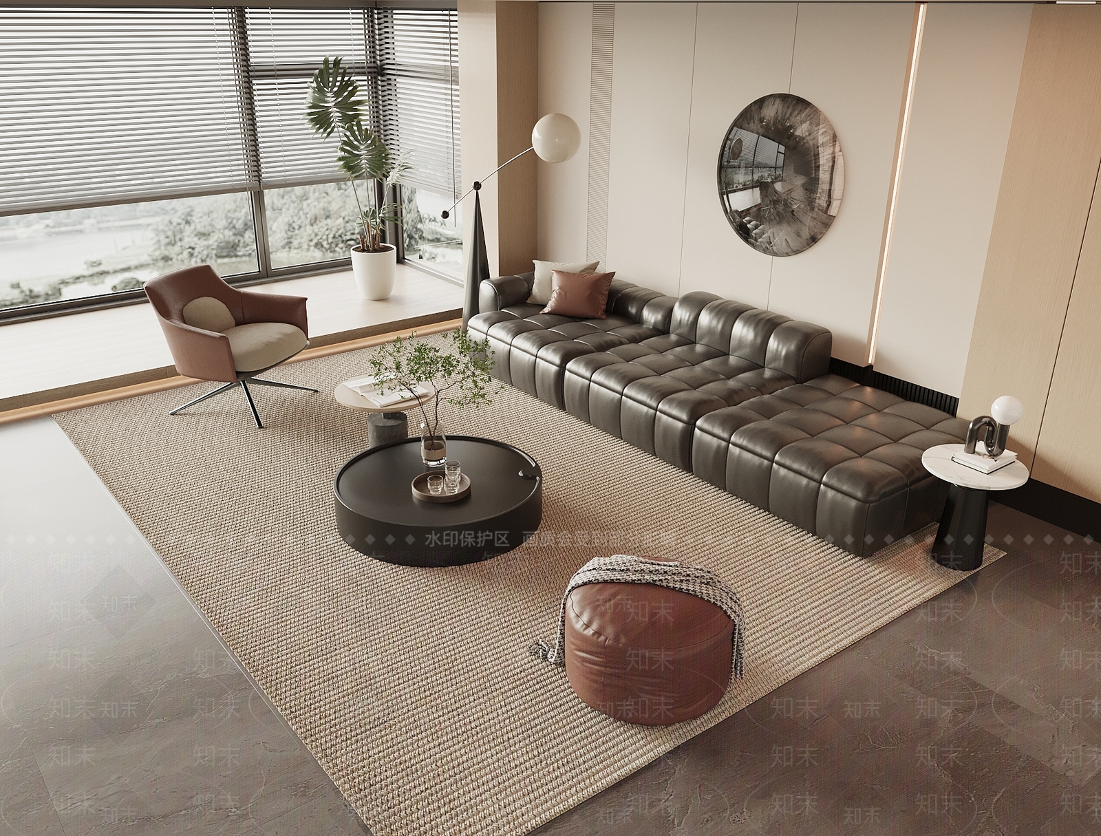 现代皮质沙发茶几组合3D模型下载【ID:1142684311】