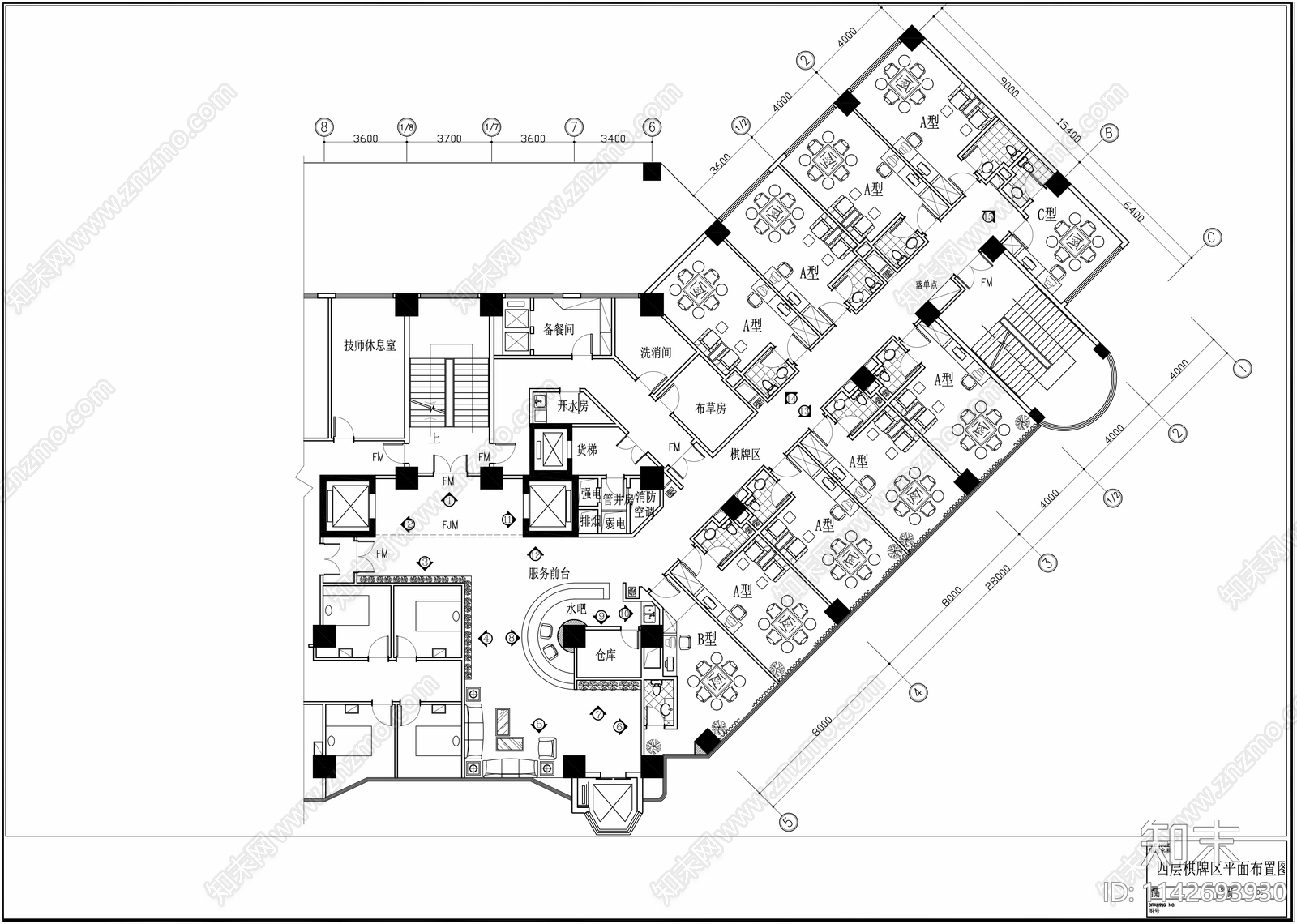 700㎡麻将室棋牌室室内装修cad施工图下载【ID:1142693930】