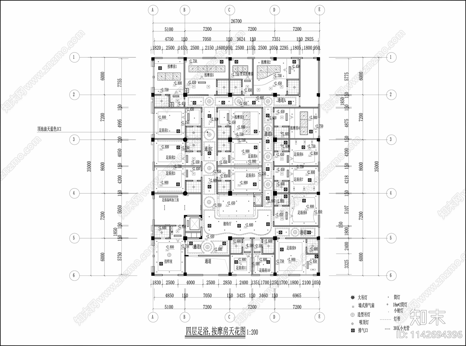 1000㎡足疗会所室内装修cad施工图下载【ID:1142694396】