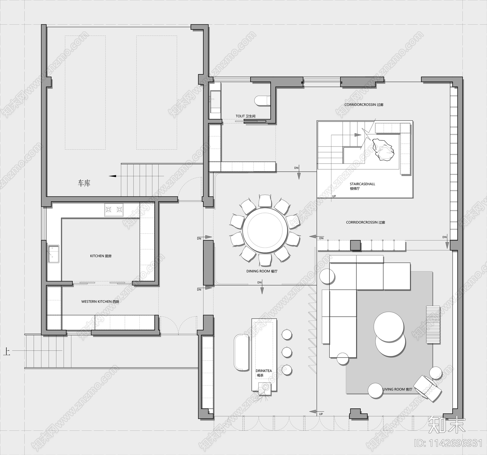 679㎡三层独栋别墅室内平面布置图施工图下载【ID:1142696931】