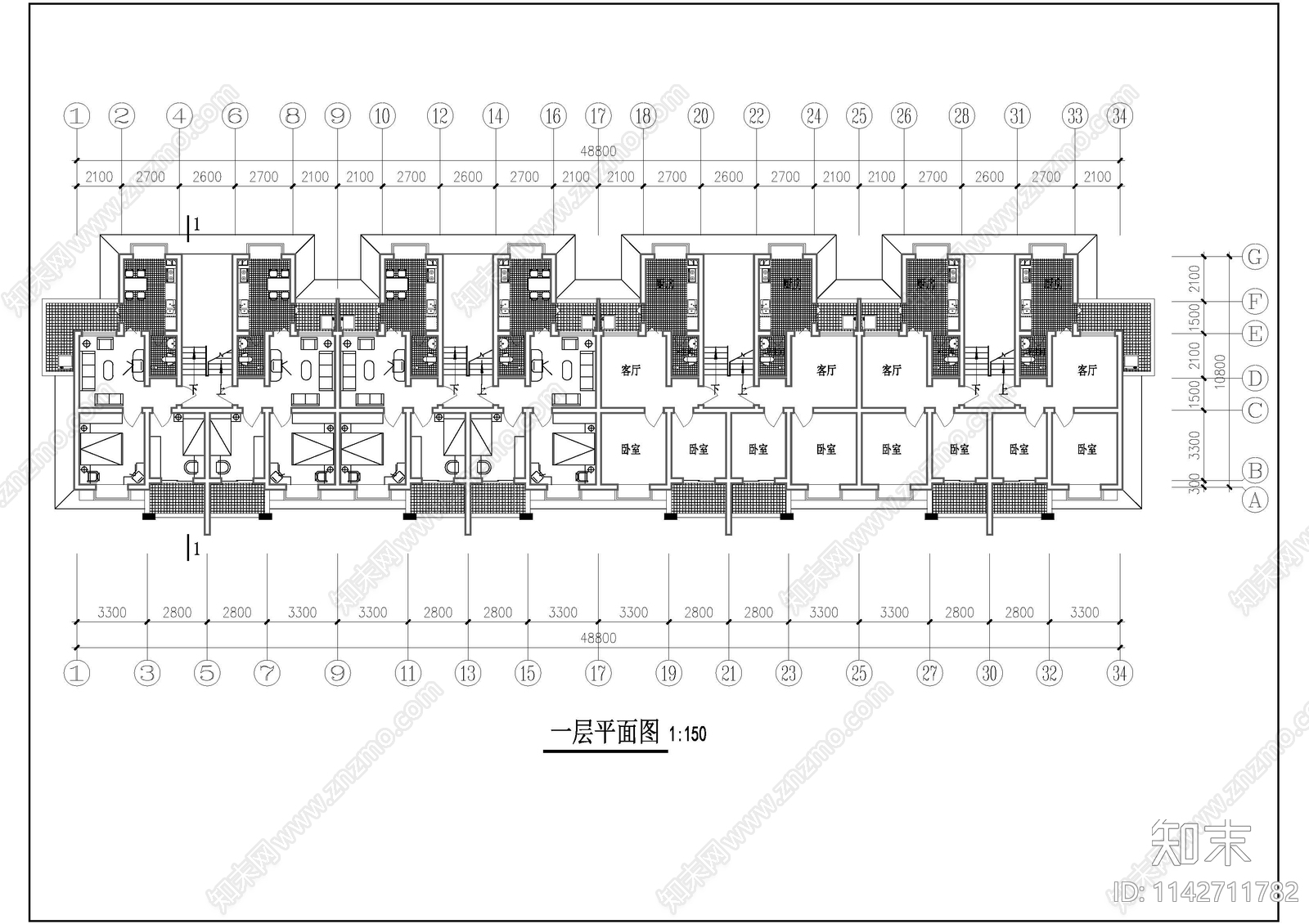 研究生公寓建筑cad施工图下载【ID:1142711782】