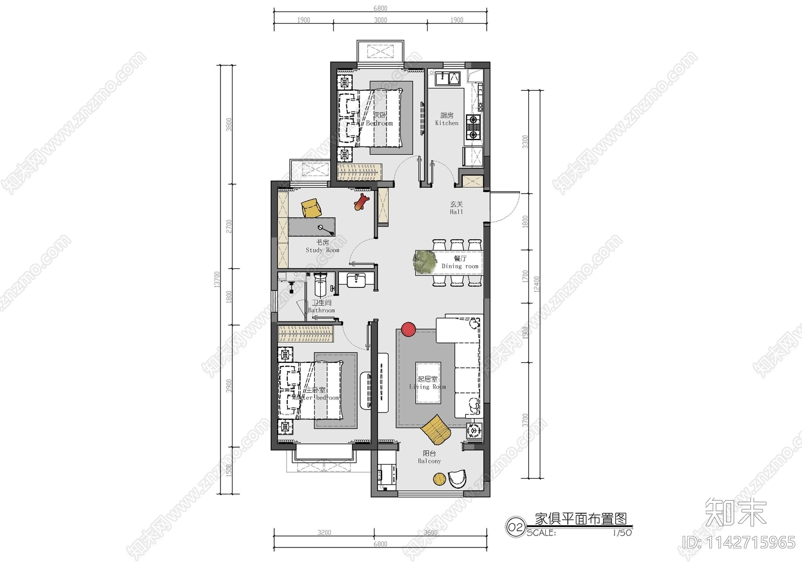 85㎡三居室家装室内施工图下载【ID:1142715965】