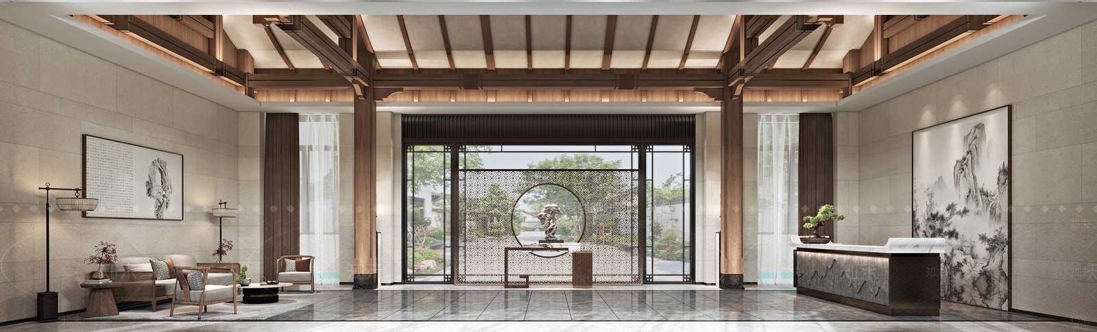 新中式酒店大堂SU模型下载【ID:1142733063】