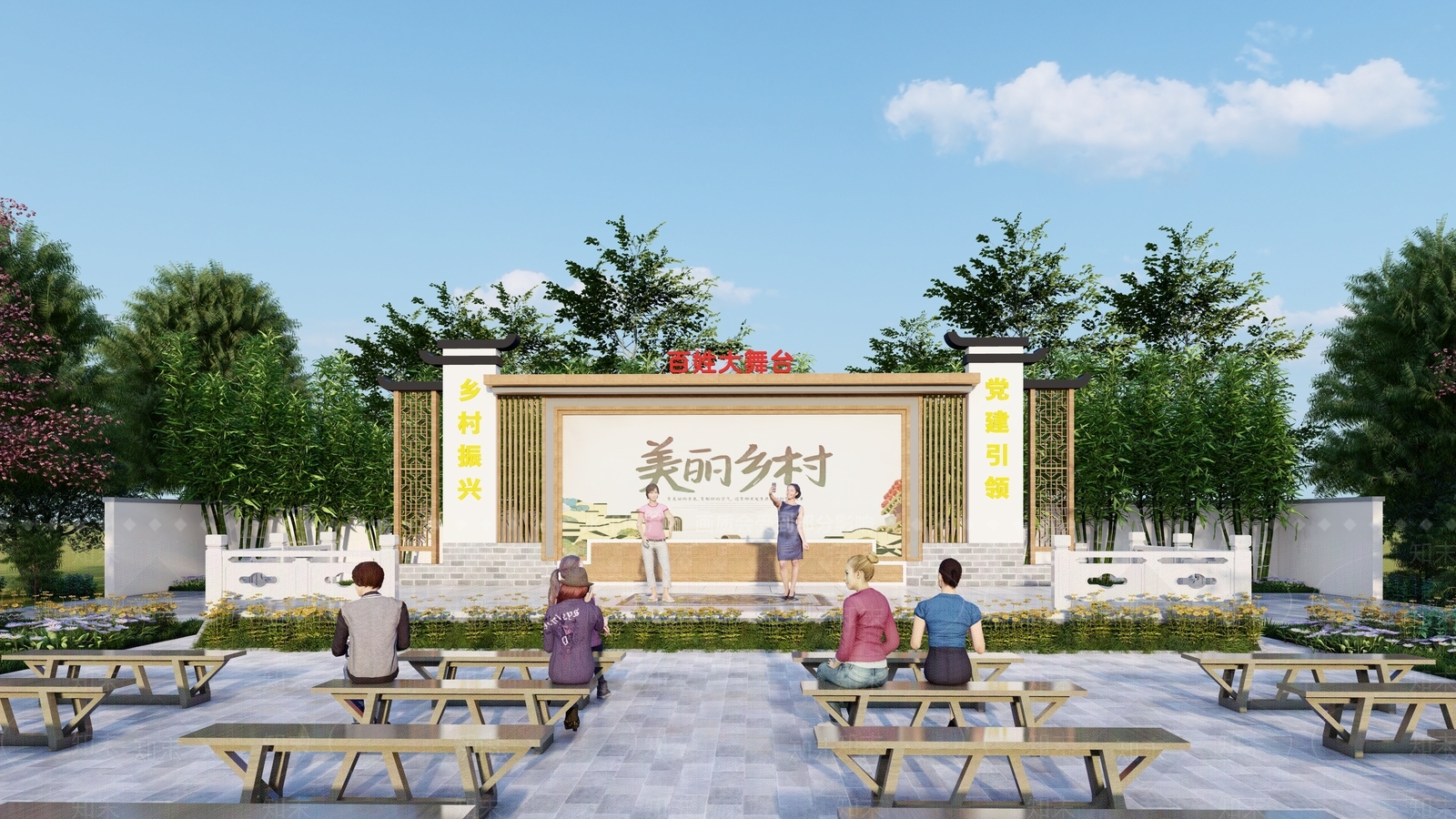 新中式乡村振兴百姓大舞台SU模型下载【ID:1142739345】