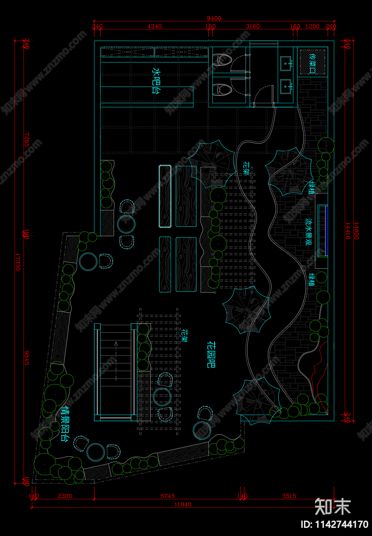 别墅私人会所平面布置图cad施工图下载【ID:1142744170】