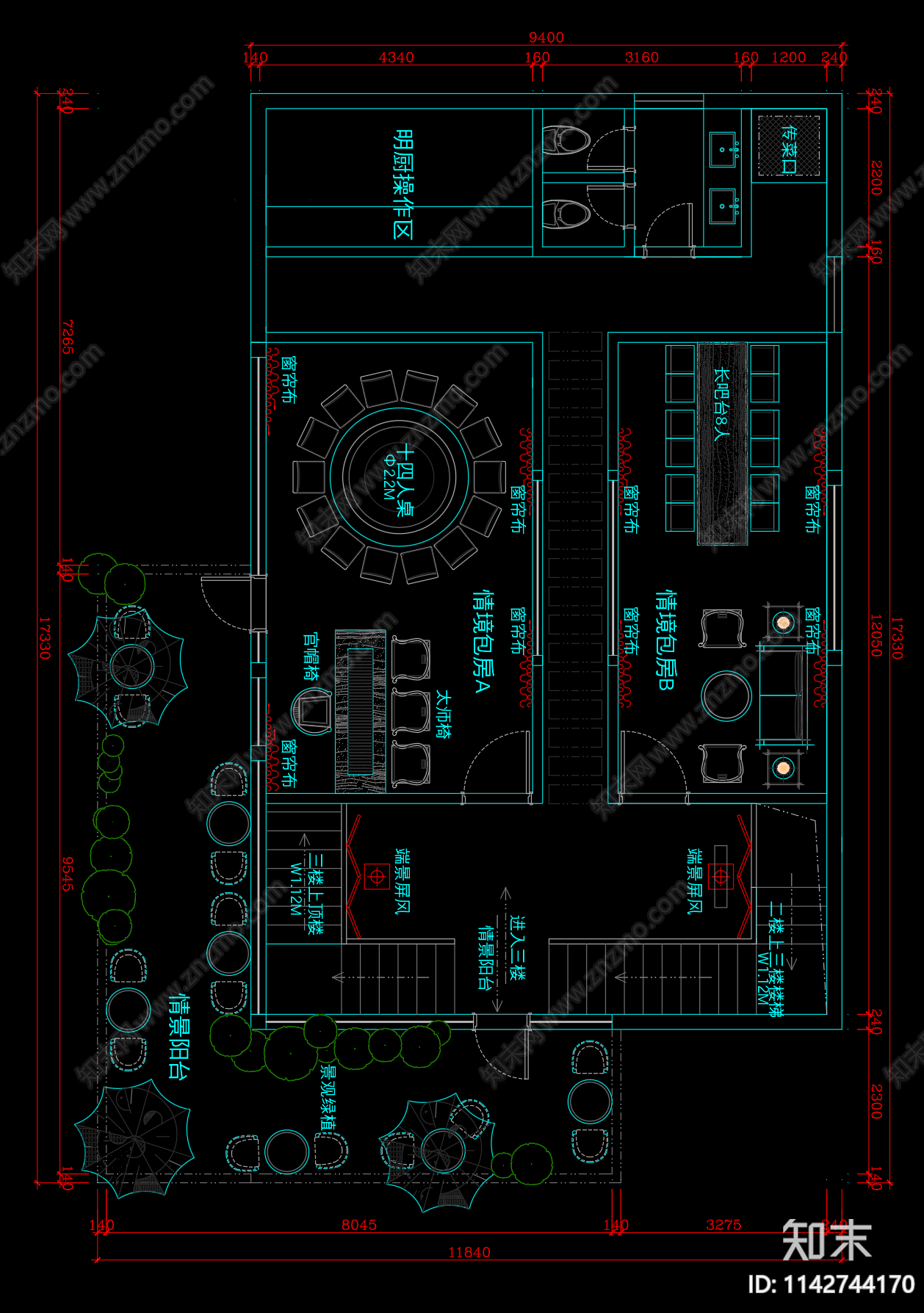 别墅私人会所平面布置图cad施工图下载【ID:1142744170】