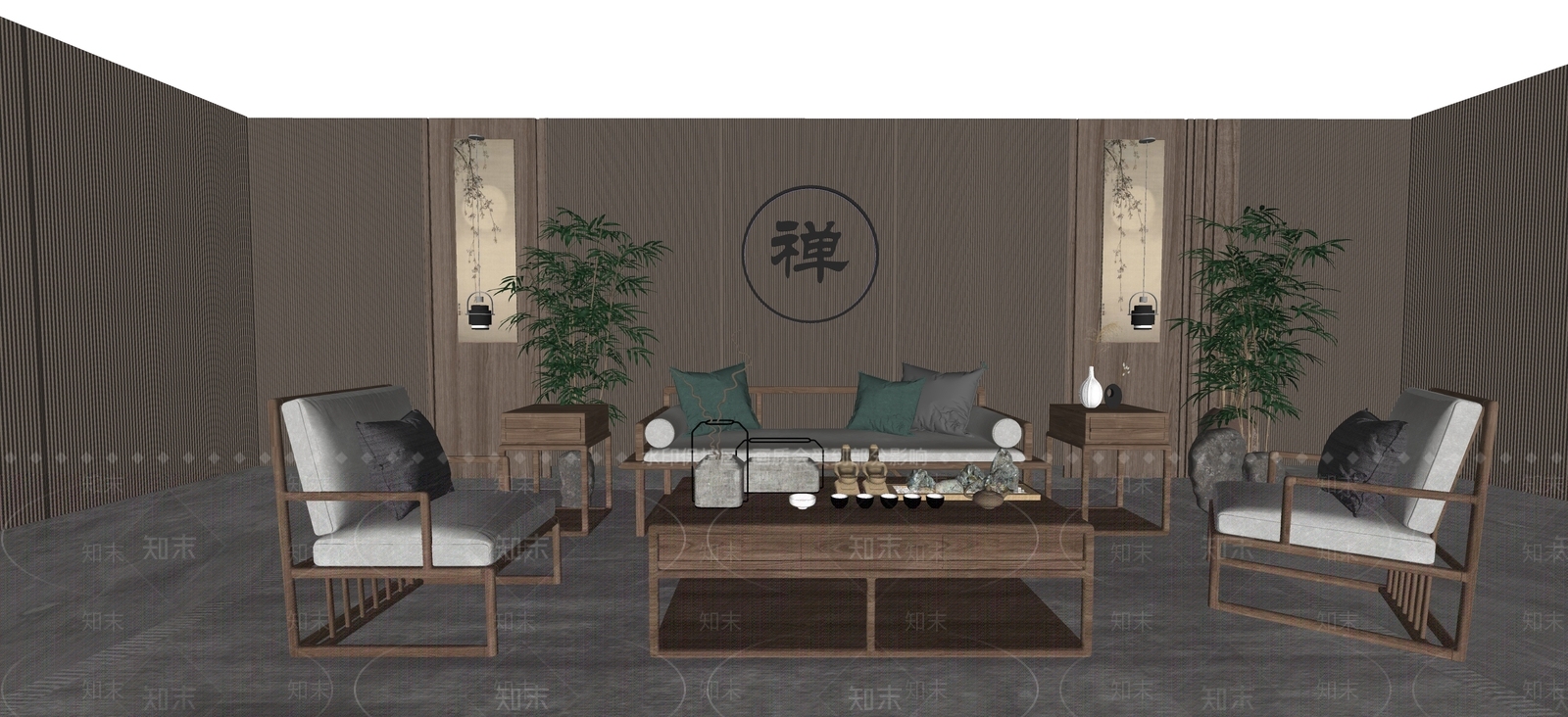 新中式客厅茶几沙发组合SU模型下载【ID:1142758399】