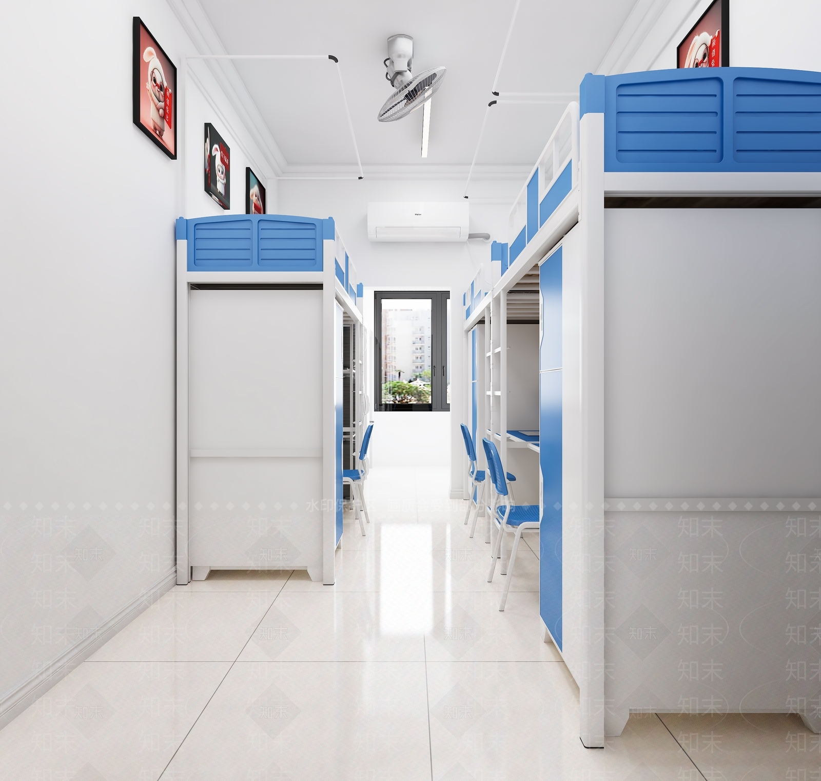 学生宿舍上下铺带学习桌3D模型下载【ID:1142777398】