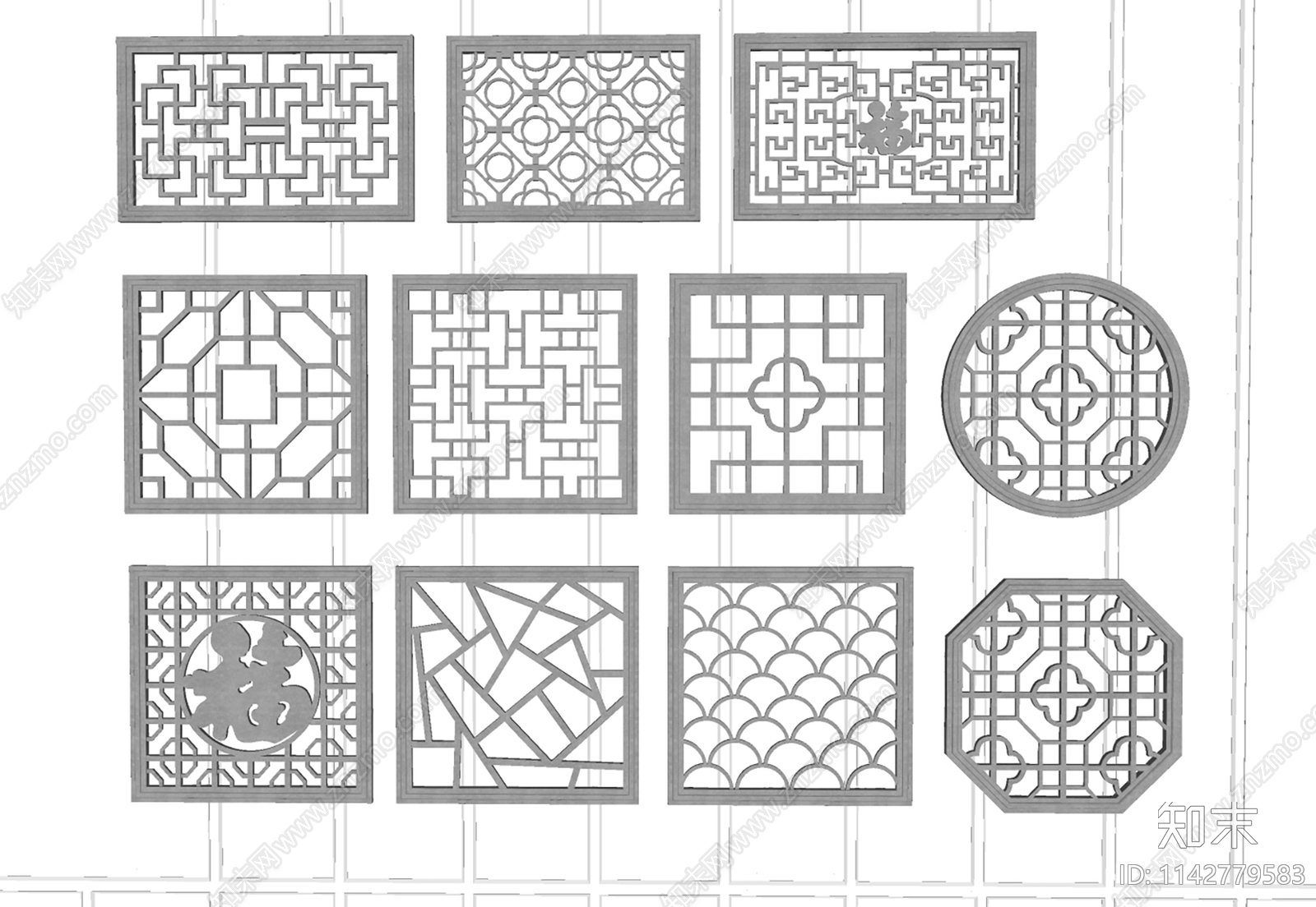 中式窗格SU模型下载【ID:1142779583】