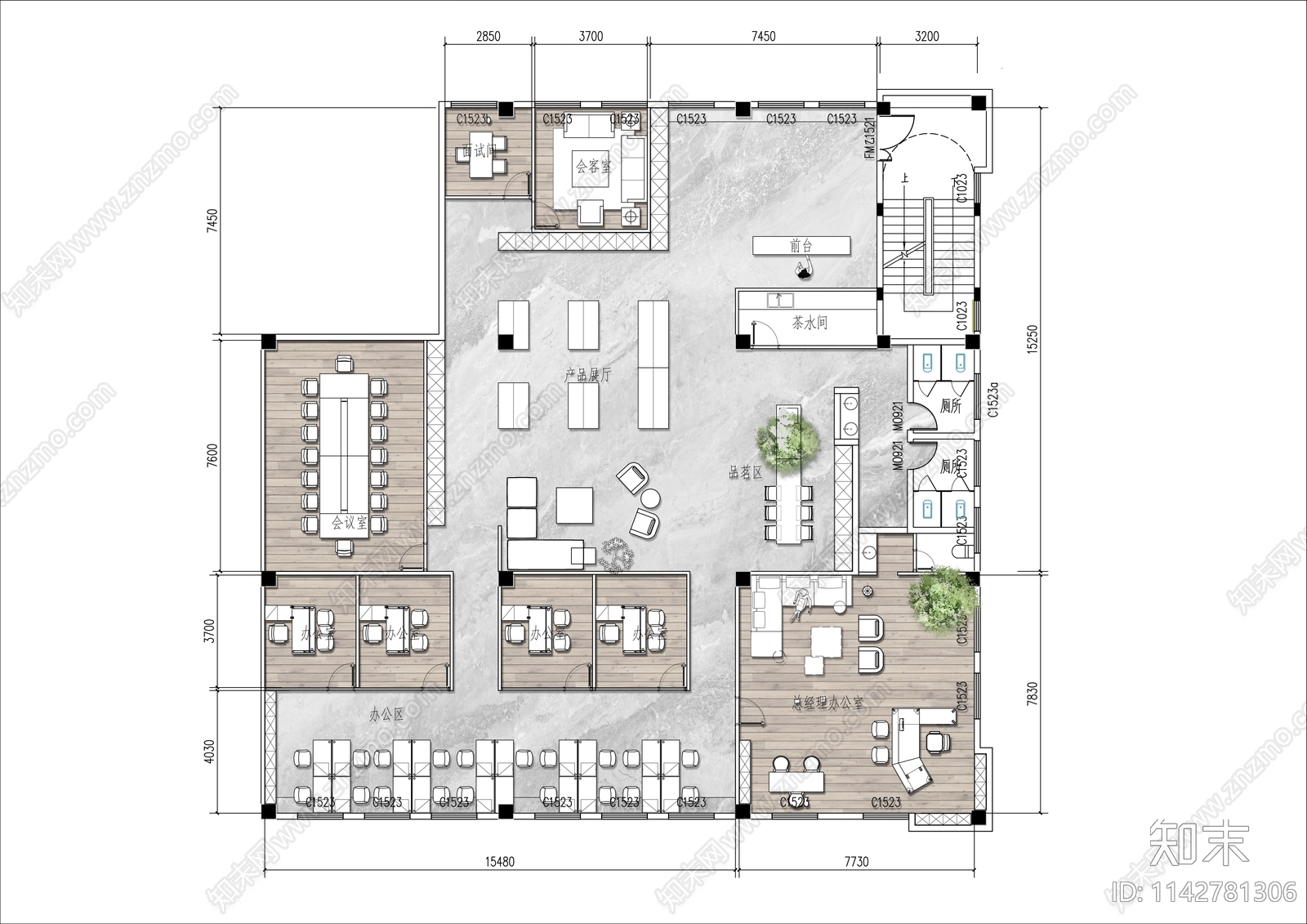 400㎡办公室平面布置图cad施工图下载【ID:1142781306】