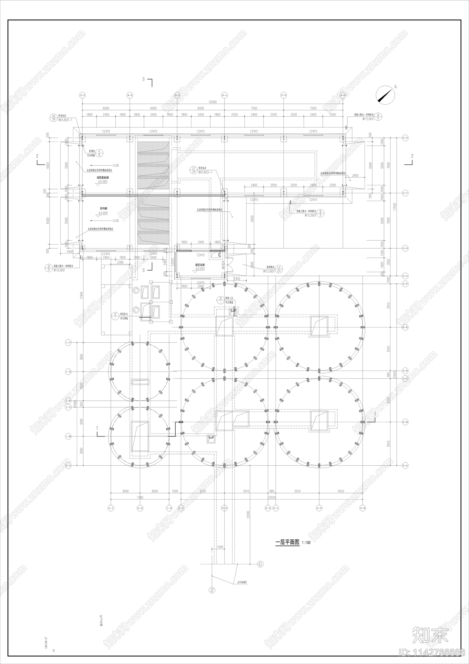 饲料厂筒仓建筑cad施工图下载【ID:1142788888】