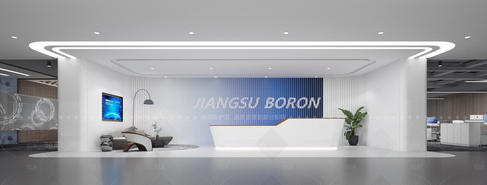 公司大厅前台异形沙发组合绿植电视3D模型下载【ID:1142789824】