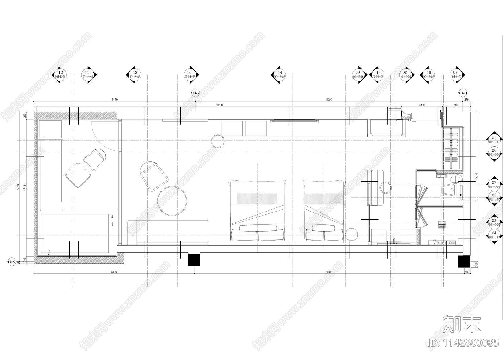 精品酒店双床房客房施工图下载【ID:1142800085】