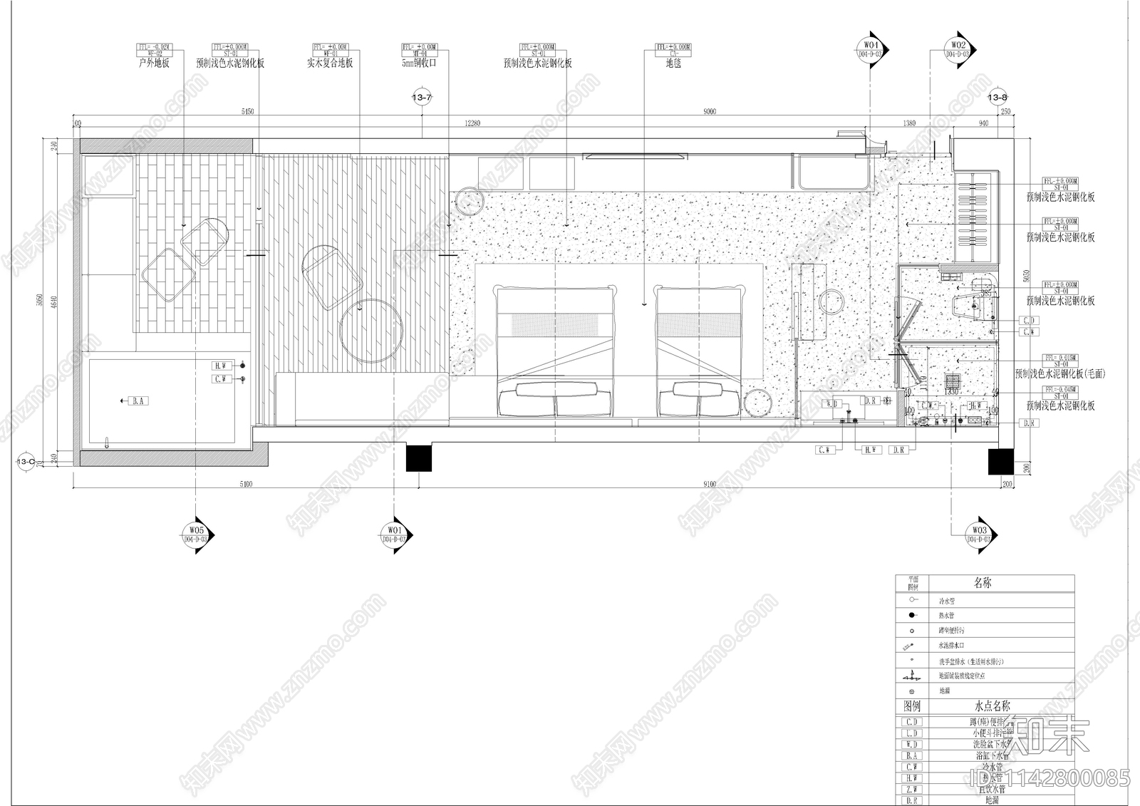 精品酒店双床房客房cad施工图下载【ID:1142800085】