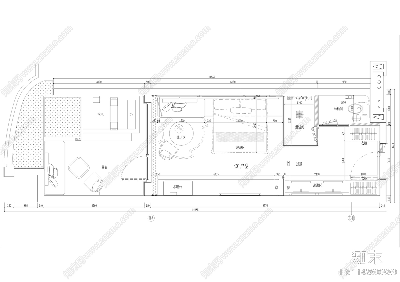 酒店单人间客房cad施工图下载【ID:1142800359】