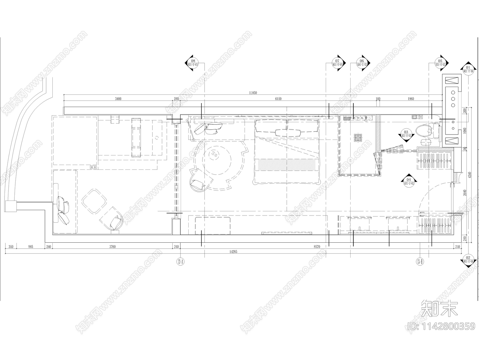 酒店单人间客房施工图下载【ID:1142800359】